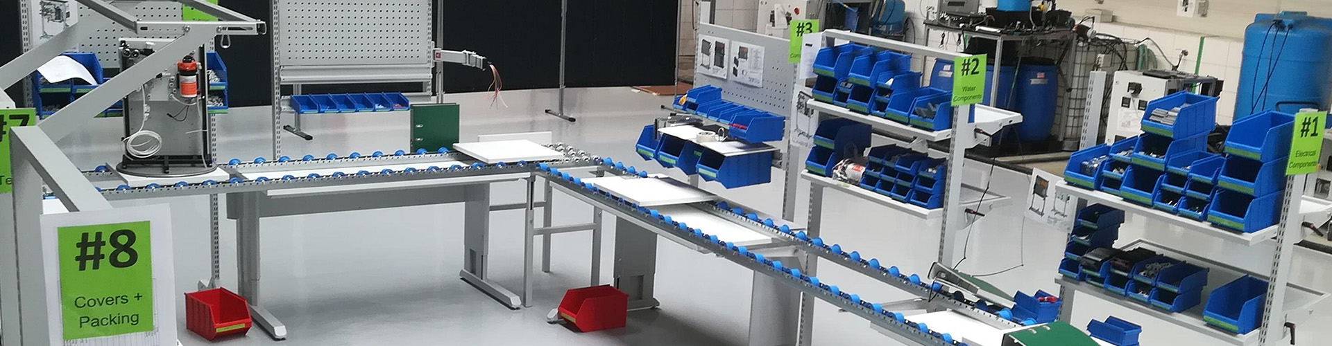 Sovella Nederland Treston Multiline handmatige assemblagelijn met werktafels en inpaktafel