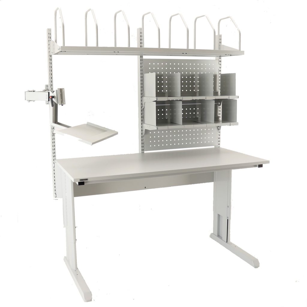 Sovella Nederland Treston inpaktafel met karton houder beeldschermhouder en vakkenkast modulair - logistieke werkplek - magazijn werktafel