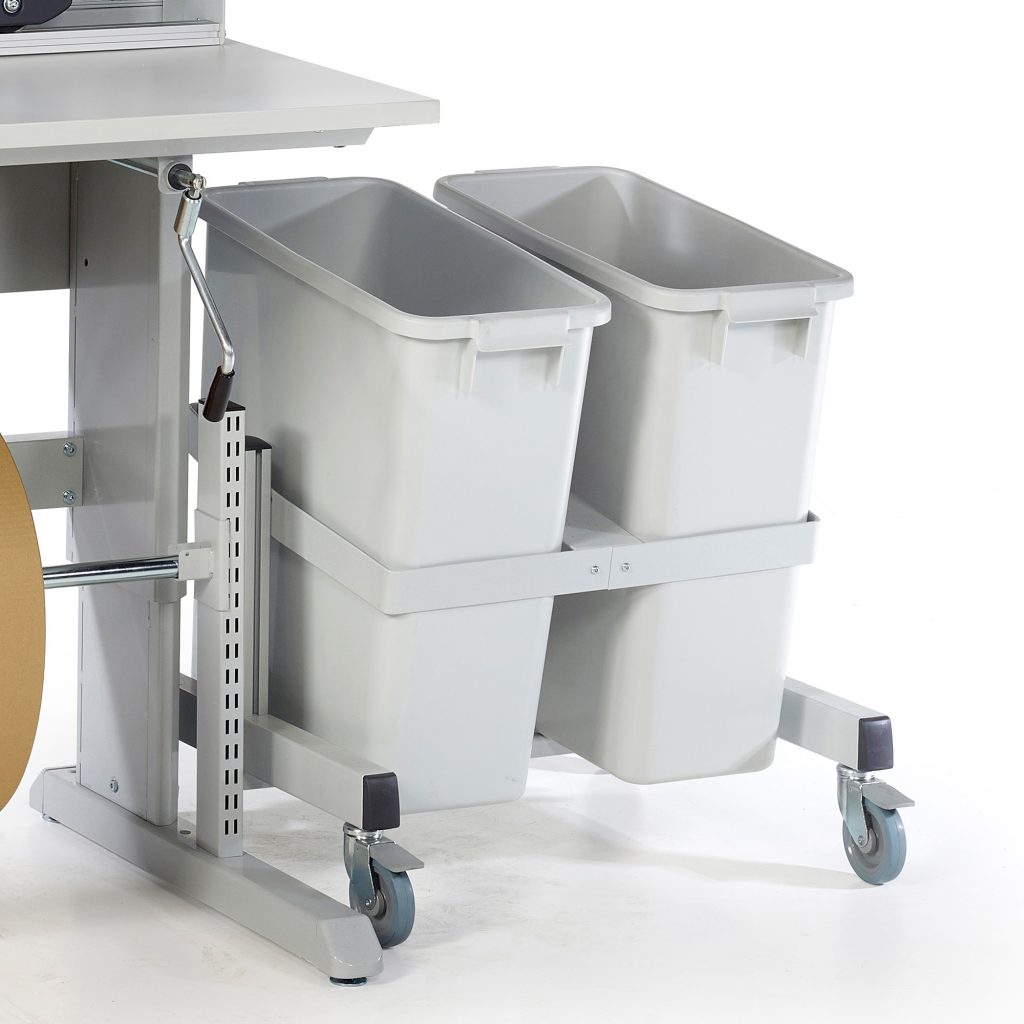 Sovella Nederland Treston recycle emmer trolley onder een concept inpaktafel - logistieke werkplek - magazijn werktafel
