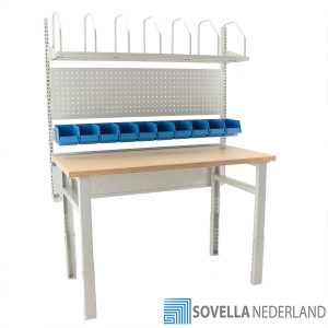 ENG_Sovella Nederland Treston HD workbench with bins, perforated panel and carton shelf