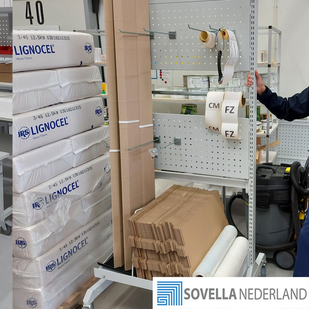 Sovella Nederland Kartontrolley voor lange hoeken en labels nabij de inpaktafel